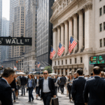 Crowds walk through Wall Street beside the New York Stock Exchange and its American flags.