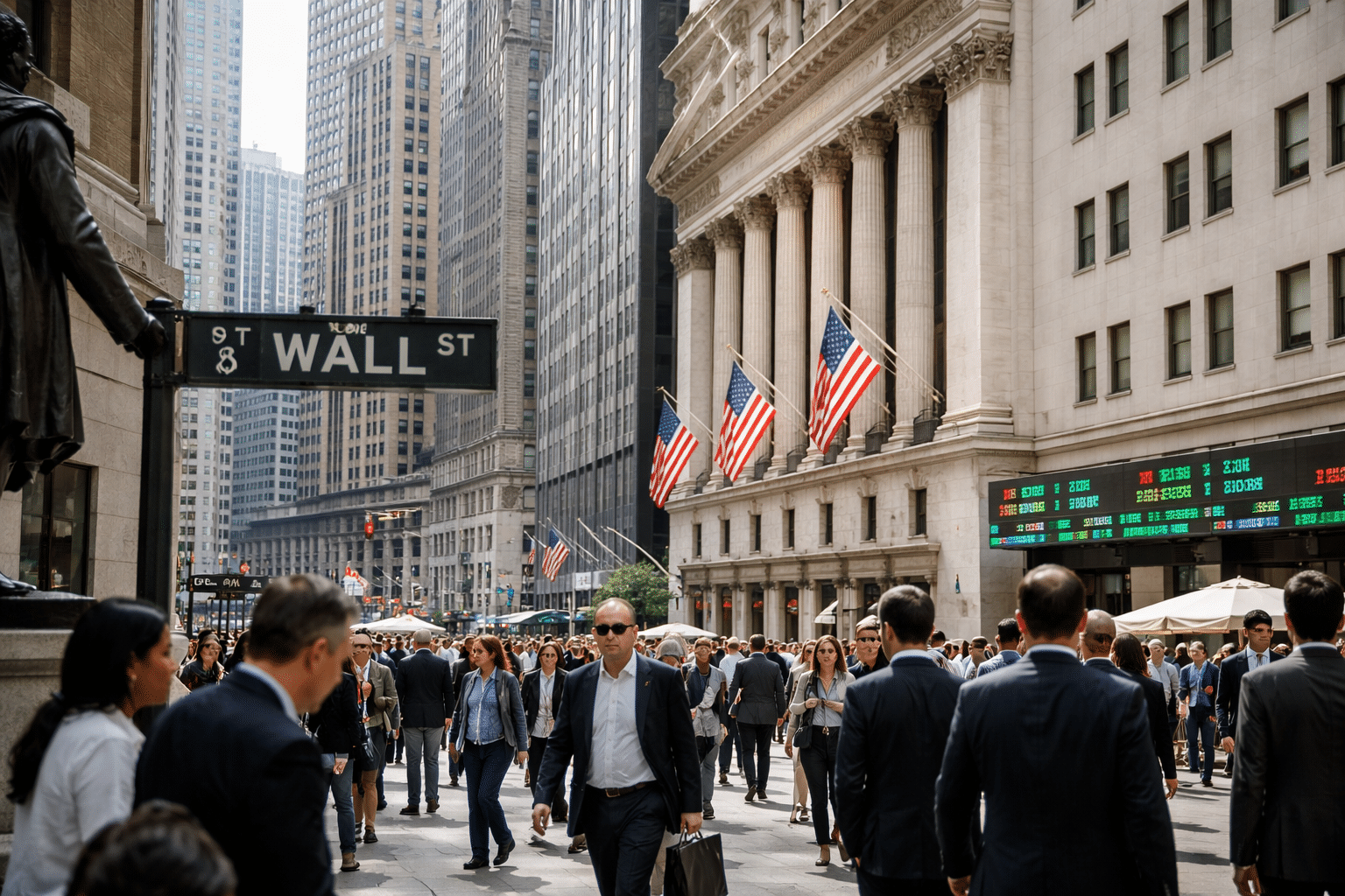 Crowds walk through Wall Street beside the New York Stock Exchange and its American flags.